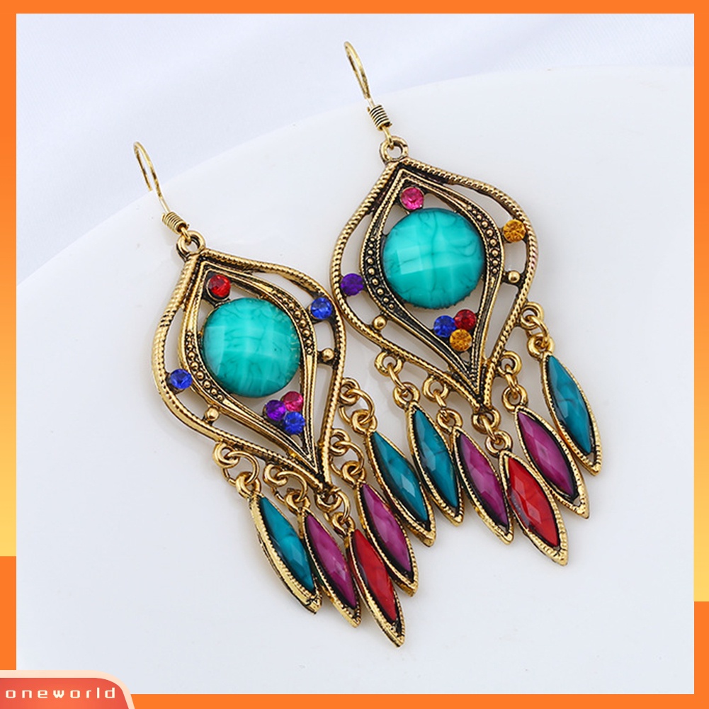 [WOD] Bohemian Wanita Berongga Ukir Panjang Resin Rumbai Menjuntai Kait Anting Perhiasan