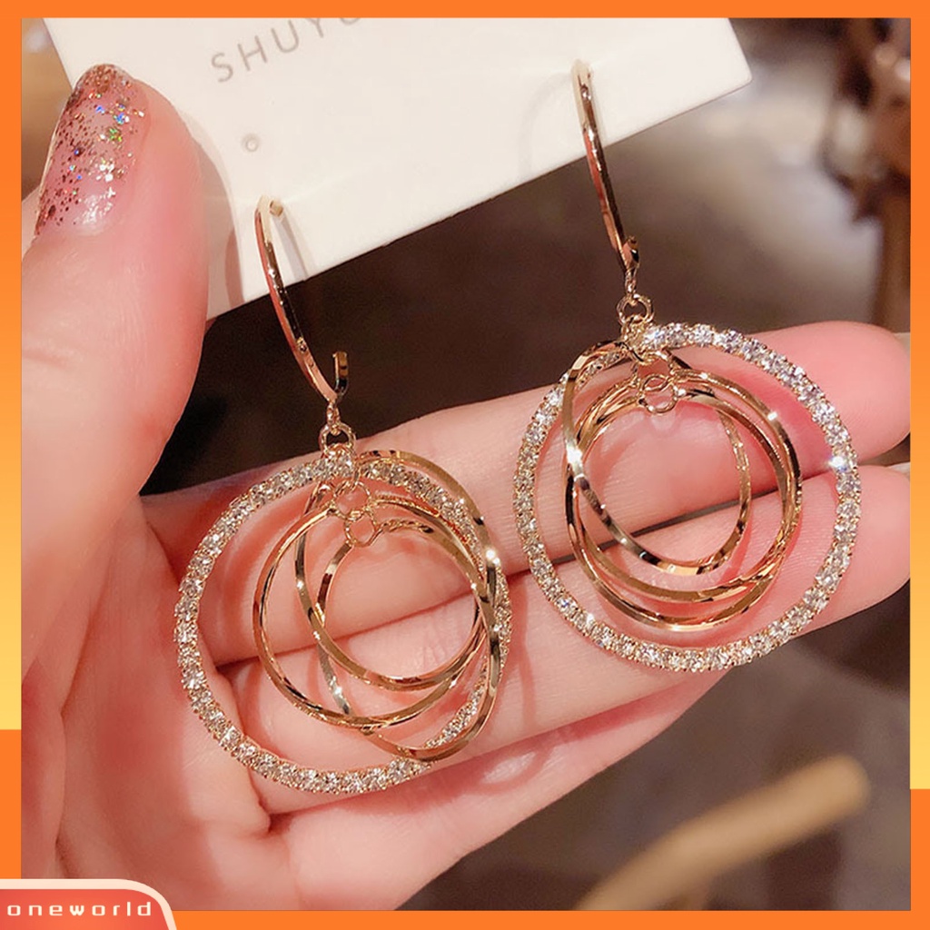 [WOD] 1pasang Anting Hoop Berlian Imitasi Mengkilap Hias Indah Bulat Geometris Ringan Menjuntai Anting Hadiah Pernikahan