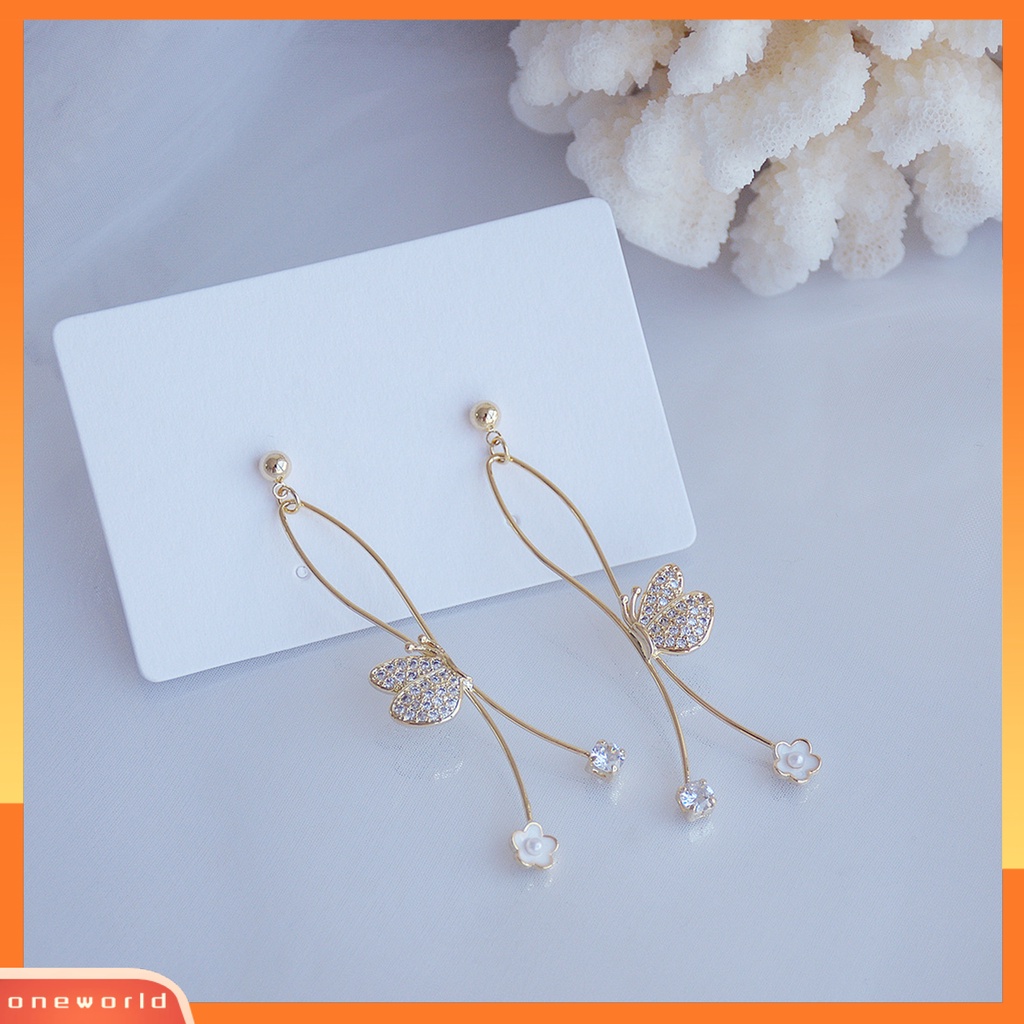 [WOD] 1pasang Wanita Anting Cubic Zirconia Indah Imitasi Mutiara Salib Kupu-Kupu Bentuk Linear Earrings Perhiasan Pernikahan