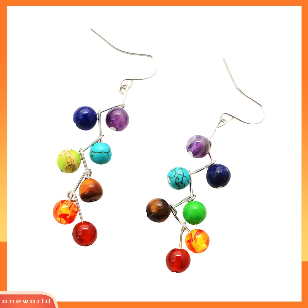 [WOD] Wanita Fashion Yoga 7 Chakra Batu Warna-Warni Manik-Manik Drop Hook Anting Perhiasan