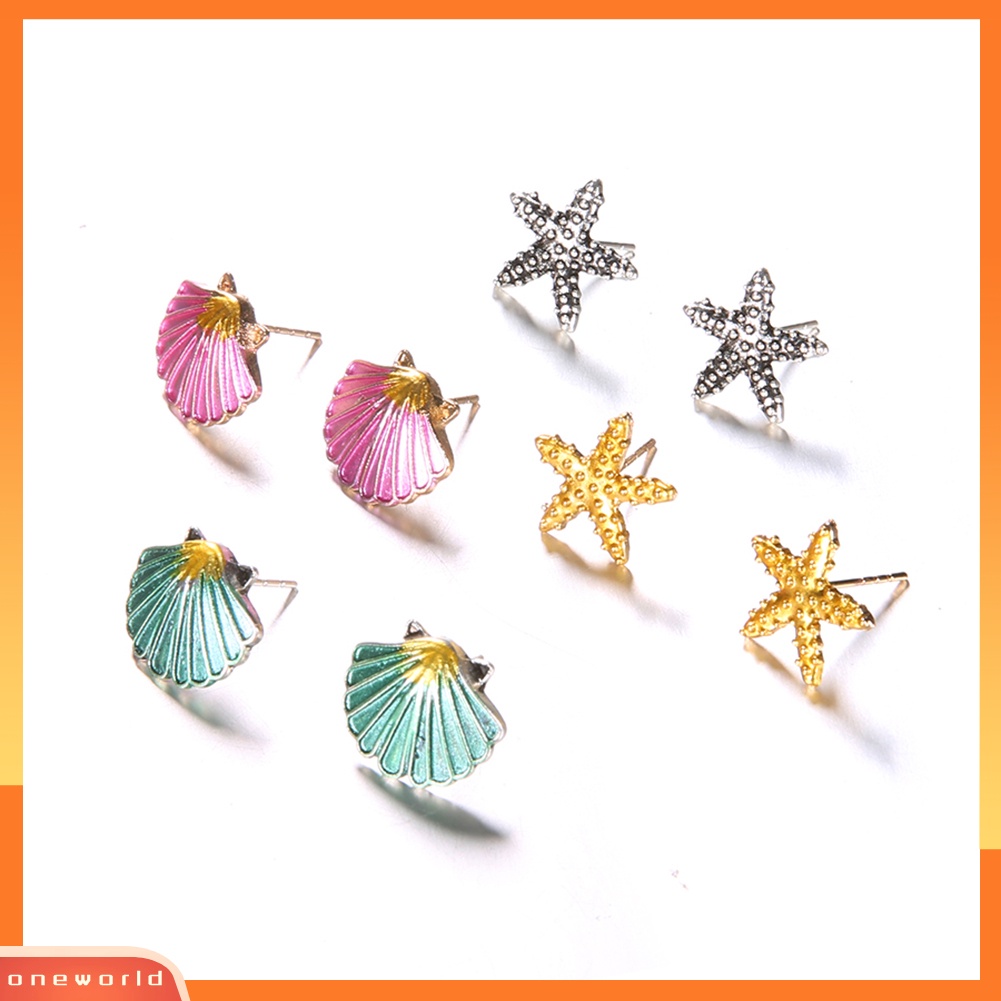 [WOD] 4pasang Boho Wanita Bintang Laut Shell Stud Earrings Set Musim Panas Perhiasan Aksesoris