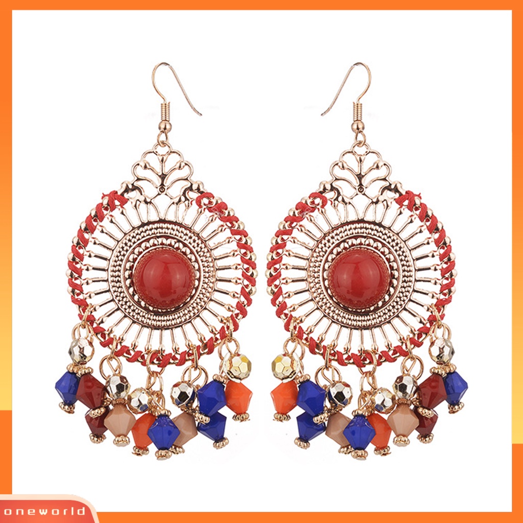 [WOD] 1pasang Wanita Anting Kait Warna-Warni Etnik Anti-Cacat Gaya Bohemia Rumbai Drop Earrings Perhiasan Wanita