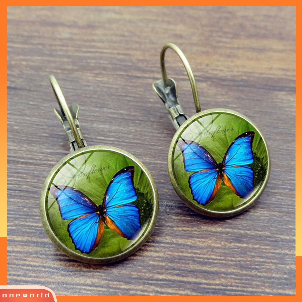 [WOD] Kaca Bulat Antik Cabochon Kupu-Kupu Leverback Anting Wanita Perhiasan Hadiah