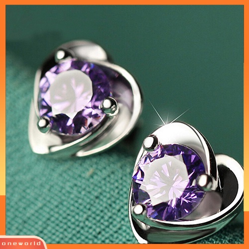 [WOD] Wanita Cinta Hati Ungu Berlian Imitasi Perak Disepuh Ear Studs Earrings