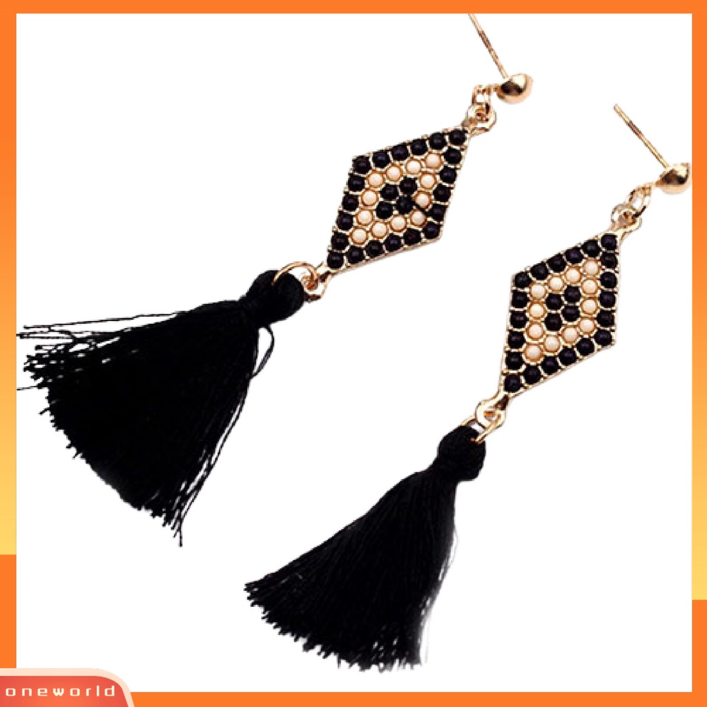 [WOD] 1pasang Ear Studs Gaya Folk Elegan Bentuk Rhombic Thread Fringed Earrings Untuk Hadiah