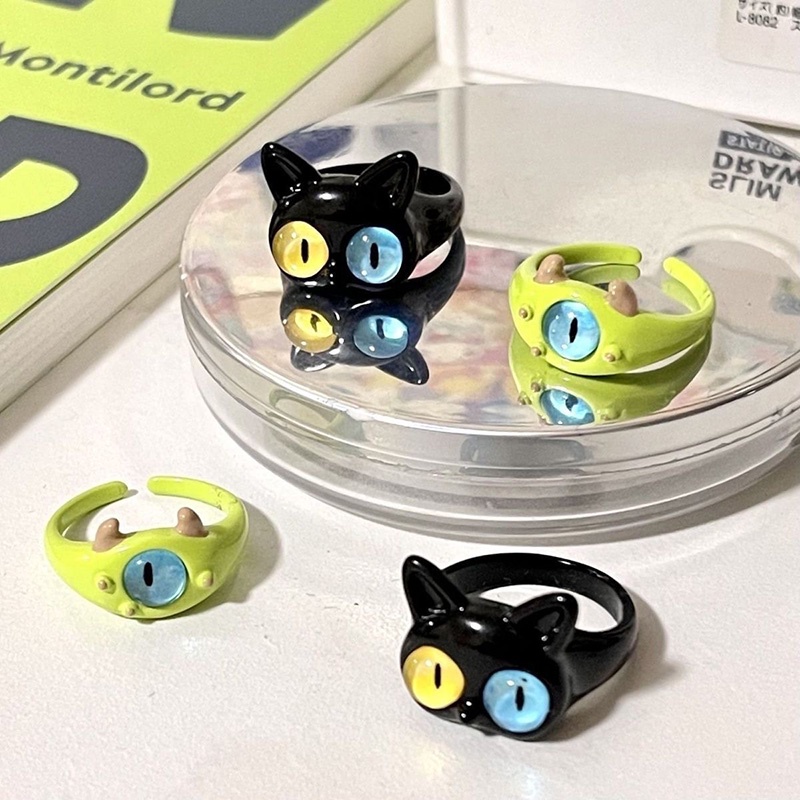 Lucu Kombinasi Kucing Hitam Monster Kecil Bermata Besar Manis Keren Kartun Cincin Lucu