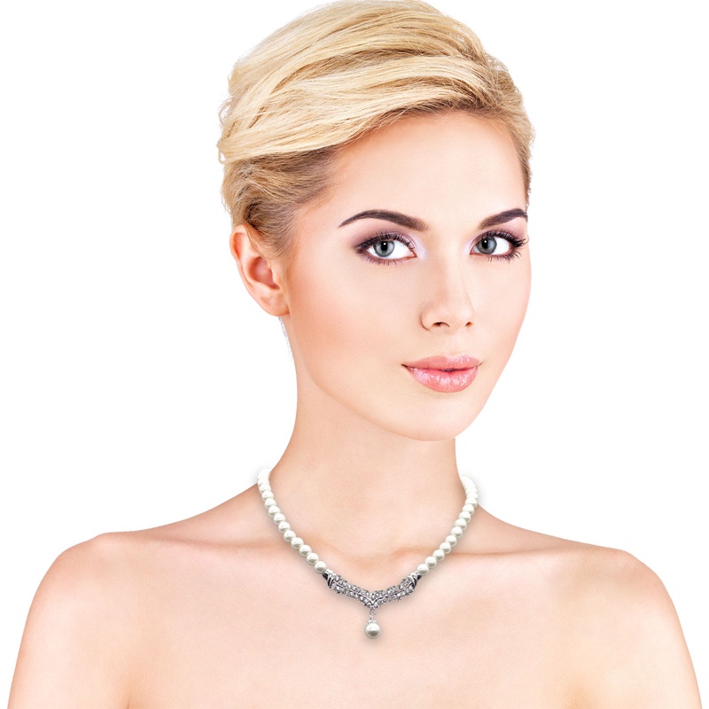 Set Perhiasan Bunga Kristal Wanita Mewah Pesona Warna Perak Pernikahan Menjuntai Anting Untuk Wanita Dainty White Pearl Chain Necklace