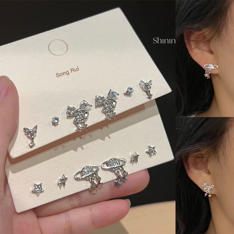 3pasang /Set Set Anting Geometris Ikatan Simpul Bintang Zircon Fashion Alloy Untuk Wanita