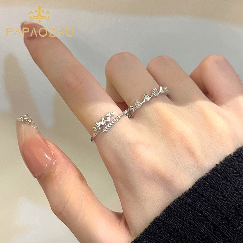 Papaozhu Trendi Zirkon Berkilau Perak Jantung Terbuka Cincin Untuk Wanita Perempuan Kreatif Bersinar Kristal Hati Sampai Hati Jari Perhiasan Chic Buku Jari Rings