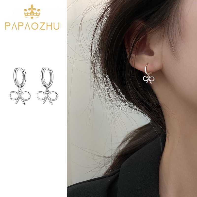 Papaozhu Korea Lucu S925 Perak Berongga Busur Lingkaran Hoop Anting-Anting Untuk Wanita Perempuan Indah Ikatan Simpul Cuff Earrings Trendi Aksesoris Telinga Pacaran Sehari-Hari