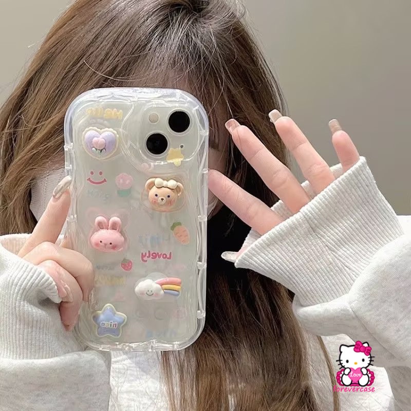 IPHONE Casing 3D Wavy Curved Edge Soft Glossy Kompatibel Untuk Iphone11 14 12 13 Pro Max 7 8 6 6s Plus XR XS X Max SE 2020 Kartun DIY Boneka Lucu Beruang Monster Star Rabbit Rainbow Phone Cover