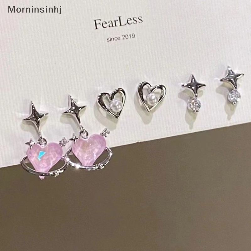 Mornin 6Pcs/set Pink Kristal Opal Peach Hati Salib Bintang Drop Anting Untuk Wanita Fashion Logam Cair Earrings Jewelry id