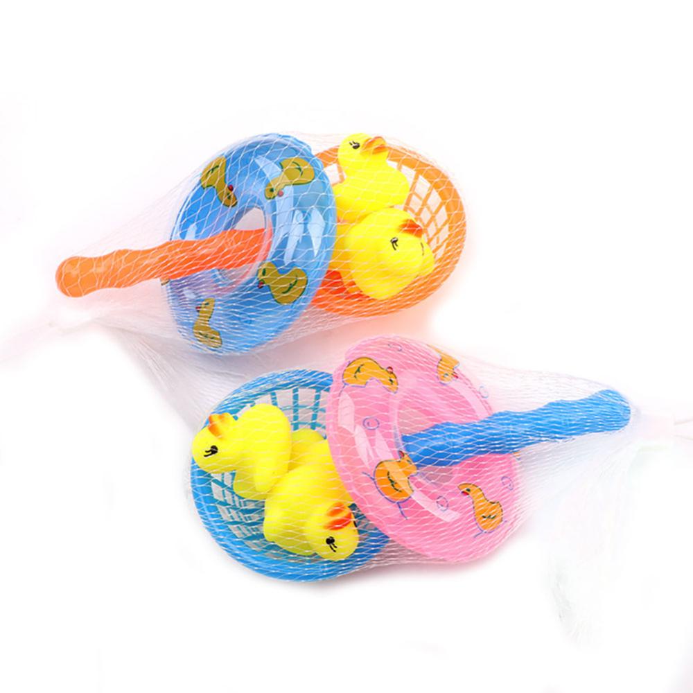 Timekey 5Pcs /set Bayi Bebek Apung Mainan Mandi Mini Renang Cincin Karet Bebek Kuning Jaring Ikan Mandi Renang Balita Mainan H8M2