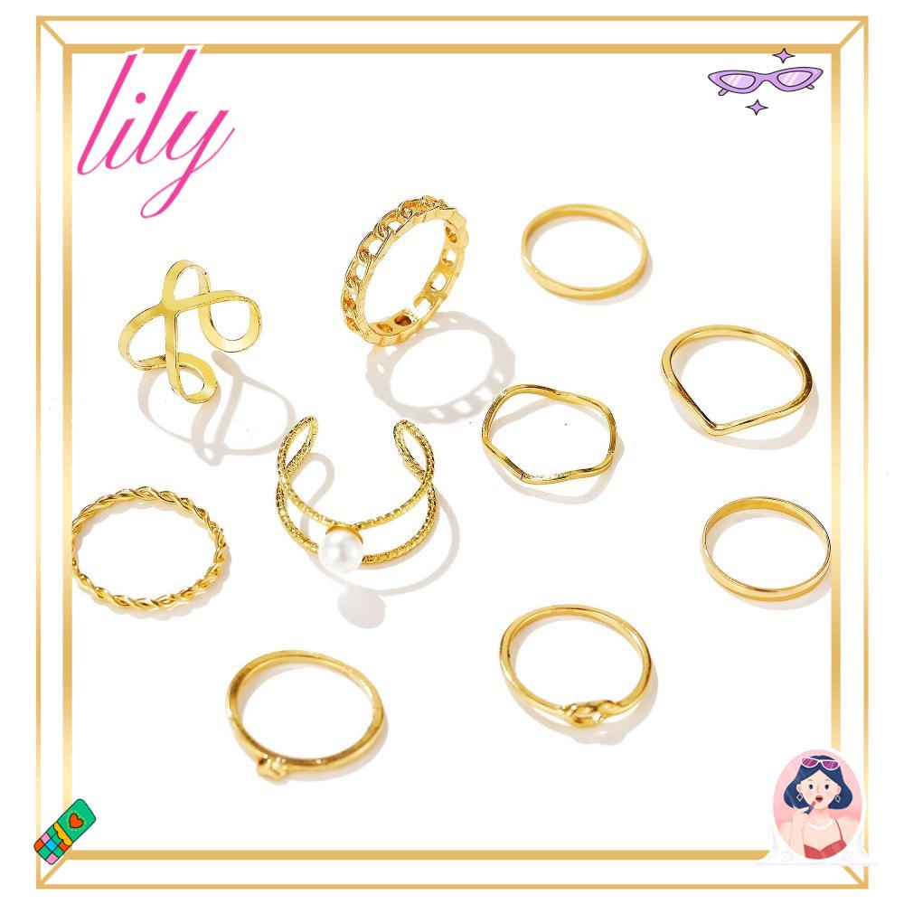 Lily 10pcs Cincin Set Pesta Fashion Emas Punk Tidak Teratur Wanita Gadis Rantai Lebar