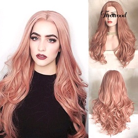 Twowood Pink Belah Tengah Keriting Wig Panjang Rambut Palsu Wanita Cosplay Pesta Sopak