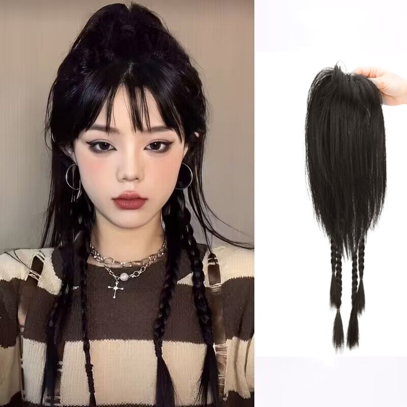 Y2k Gaya Princess Keren Rambut Panjang Lurus Bergelombang Ponytail Tinggi Dengan Kepang Wig Hair Extension Untuk Aksesoris Rambut Wanita 30cm