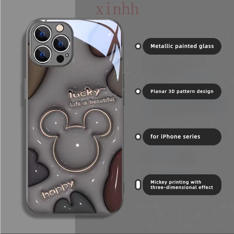 IPHONE Casing Kaca Datar 3D Cocok Untuk Iphone14 13 12 11 Pro Max Cat Metalik Motif Kartun Mickey Casing Pelindung