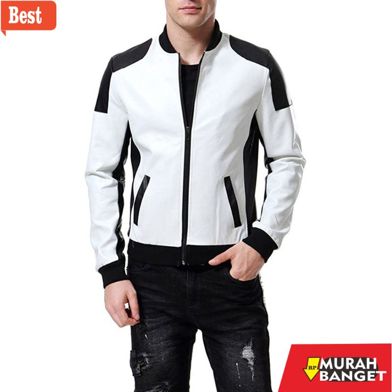 Jaket kulit pria terbaru- Bayar ditempat/Jaket kombinasi hitam putih/Jaket motor semi kulit/Seiko Ja