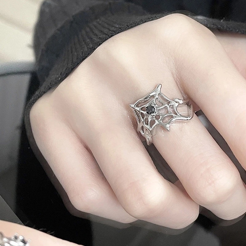 Gothic Irregular Spider Web Zirkon Jari Cincin/ Wanita Hitam Kristal Punk Gelap Hewan Terbuka Rings/ Hadiah Perhiasan Pesta Yang Dapat Disesuaikan