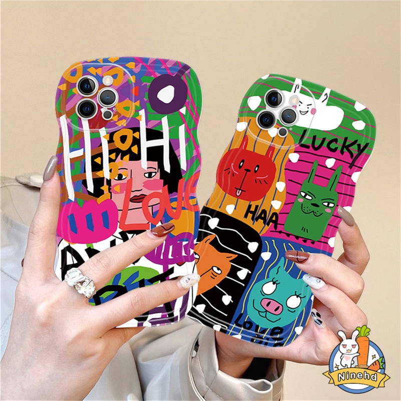 IPHONE Casing Ponsel Sambungan Kartun Graffiti Kreatif Kompatibel Untuk Iphone14 13 12 11 Pro Max X Xr Xs Max 87 6 6s Plus SE 2020komme des Garcons Wavy Edge Case Shockproof Back Cover