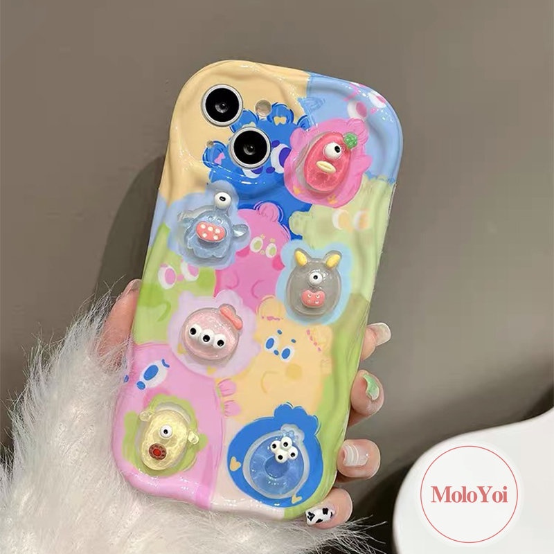 Kartun DIY Boneka Lucu Beruang Monster Bintang Kelinci Pelangi Casing Ponsel Kompatibel Untuk iPhone XR X XS Max11 12 13 14 Pro Max7 6s 8 6 Plus Se2020 3D Tepi Bergelombang Melengkung Glossy Soft Cover