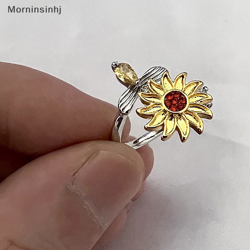 Mornin Pembukaan Dapat Disesuaikan Berputar Bunga Matahari Bee Release Stress Ring Rotatable Zircon Copper Finger Ring Untuk Wanita Fashion Perhiasan id