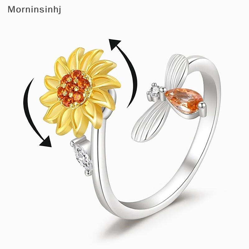 Mornin Pembukaan Dapat Disesuaikan Berputar Bunga Matahari Bee Release Stress Ring Rotatable Zircon Copper Finger Ring Untuk Wanita Fashion Perhiasan id