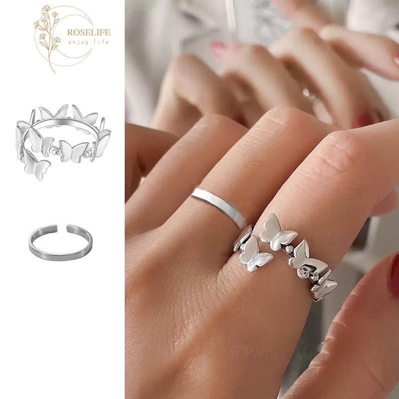 Roselife Korea Glossy S925 Perak 3D Terkait Kupu-Kupu Terbuka Cincin Untuk Wanita Perempuan Trendi Jari Rings Adjustable Fashion Jari Manset Perhiasan Aksesoris