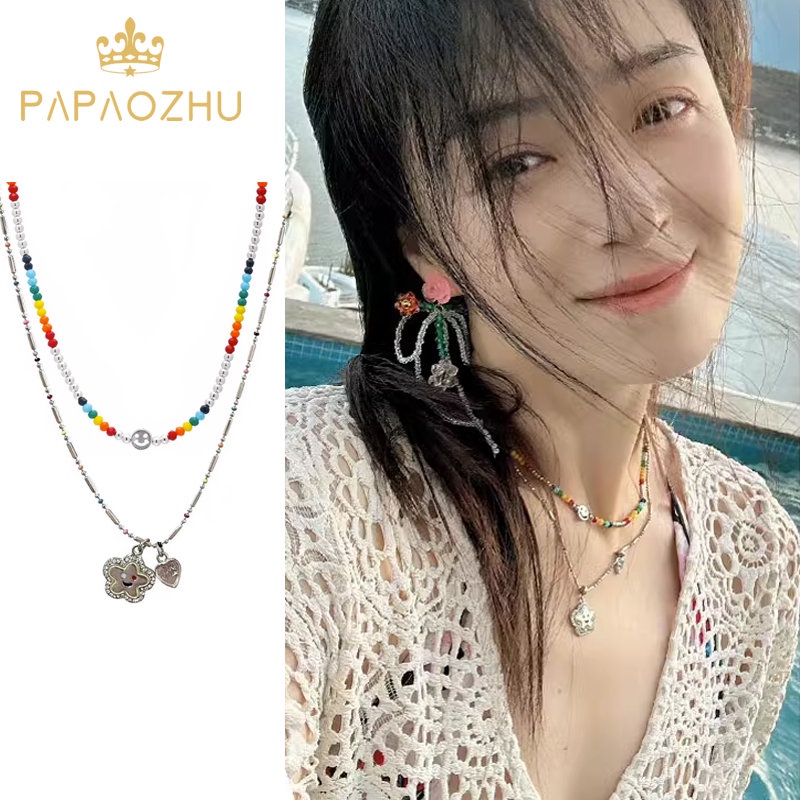 Papaozhu Korea Berlapis Pelangi Manik-Manik Akrilik Senyum Wajah Pesona Kalung Untuk Wanita Gadis Indah Liburan Warna-Warni Manik-Manik Choker Kalung Trendi Tulang Selangka Rantai Perhiasan