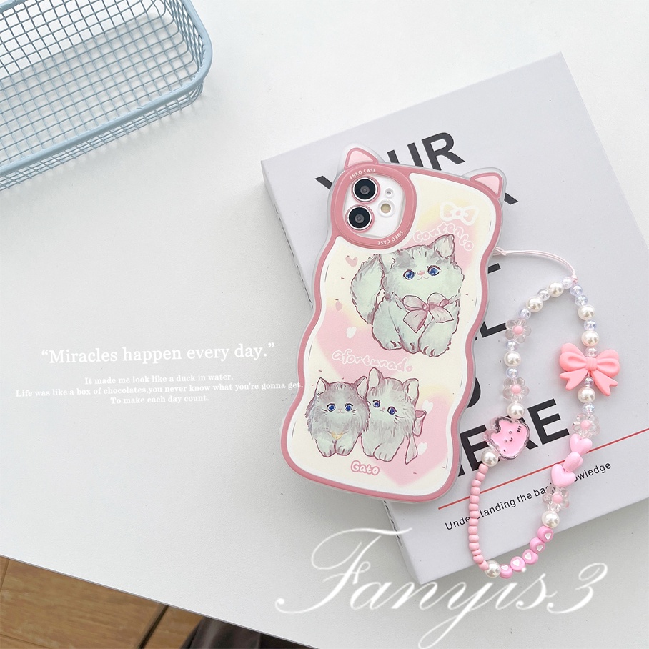 Compatible For iPhone 14 13 12 11 Pro Max X XR Xs Max 8 7 6 6s Plus SE 2020 Kompatibel Untuk Cute Pink Telinga Kucing Phone Case Clear Soft Cover Pelindung Dengan Rantai