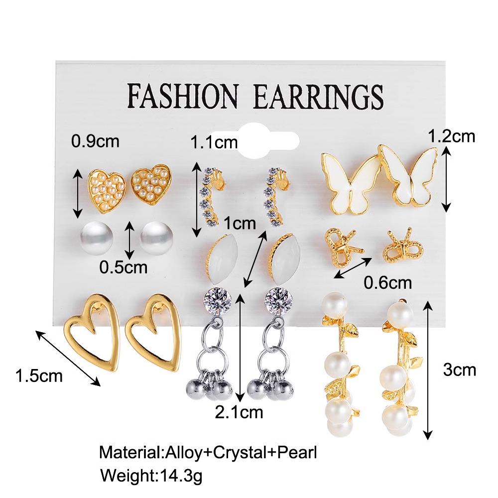 Anting Set Tusuk Korea 9 Pasang Kupu Hati Manik Unik untuk Wanita