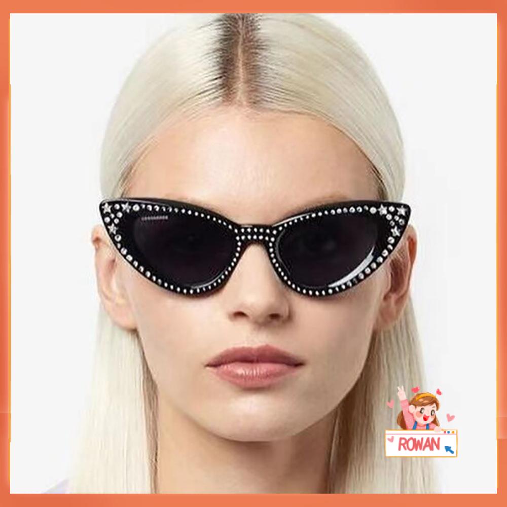 R-flower Cat Eye Kacamata Hitam Untuk Wanita Mewah Y2K Eyewear Berlian Imitasi Bling Shades Black Sunglasses