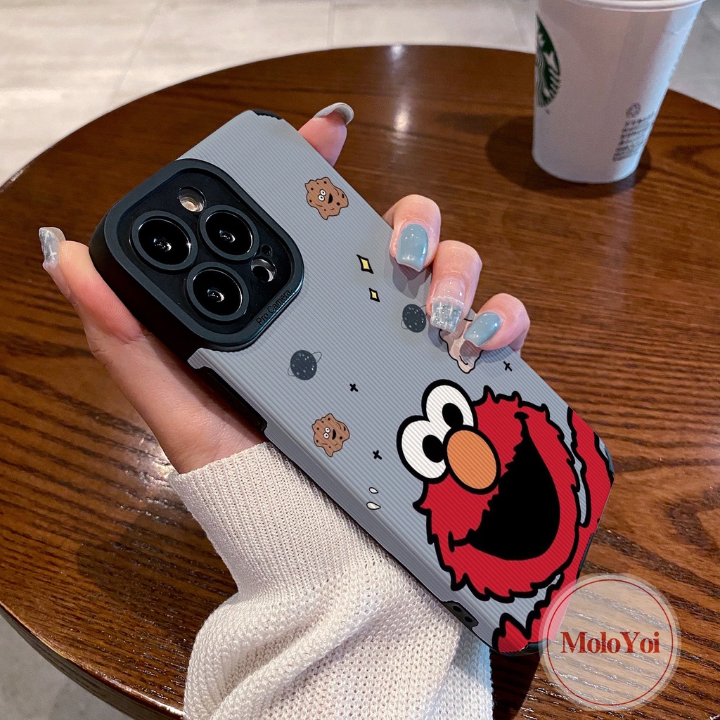 Ins Trendi Merek Merah Sesame Street Pasangan Tekstur Kulit Case Kompatibel Untuk IPhone XR X XS Max 7Plus 11 14 13 12 Pro Max7 8 Plus Shockproof Cover