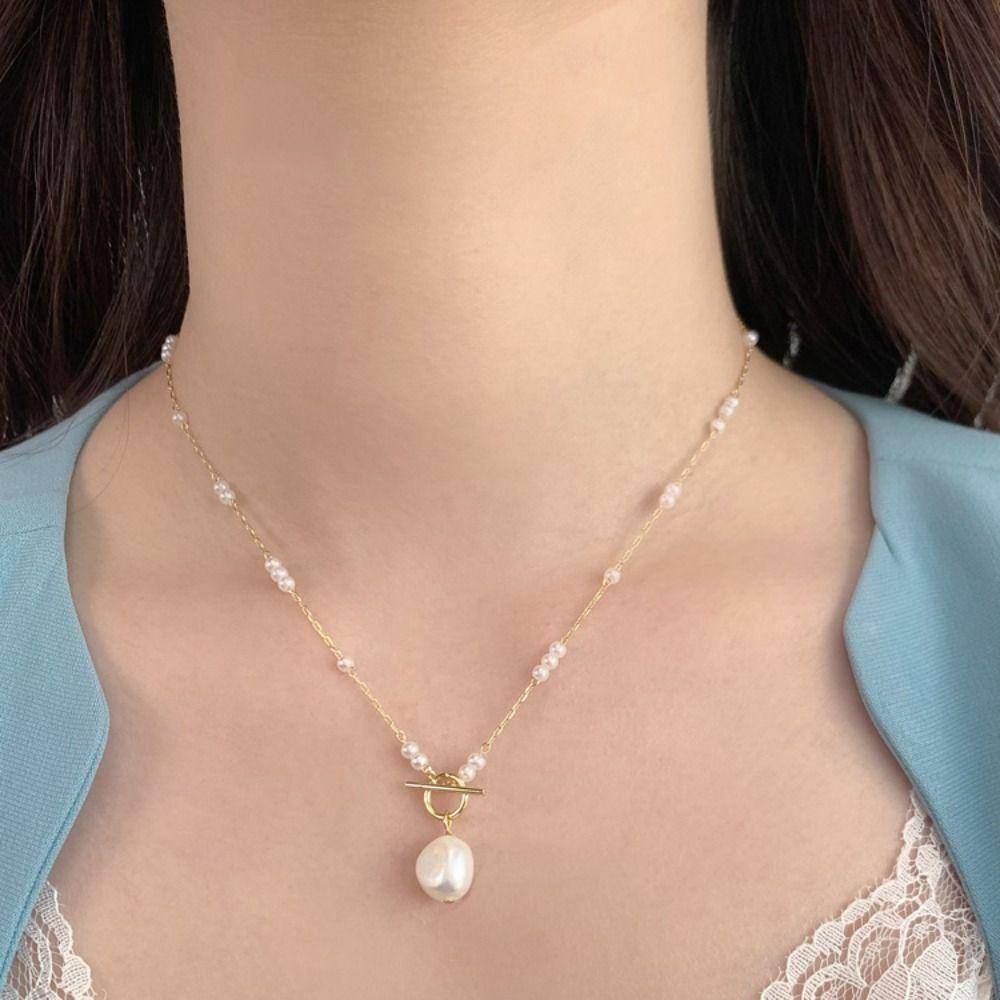 Mxbeauty Kalung Tulip Desain Niche OT Clasp Lock Gaya Korea Kalung Manik Geometris Rantai Mutiara Imitasi Untuk Wanita