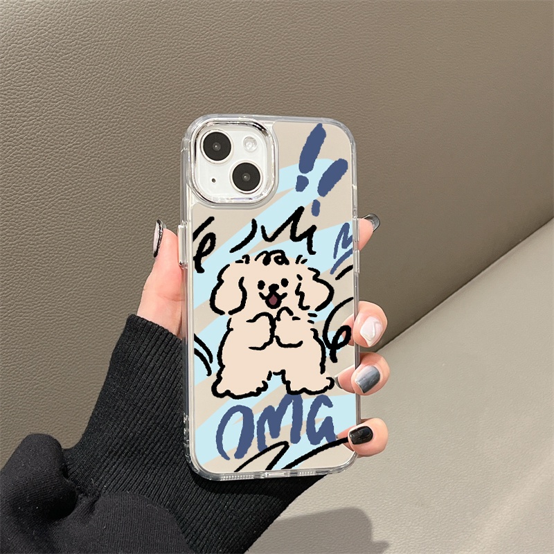 IPHONE Kartun Anjing Lucu Cermin Ponsel Case Kompatibel Untuk Iphone11 12 13 14 12Pro 13Pro 14Pro Pro Max XR X XS Max Electroplating Tombol Perlindungan Mirror Cover