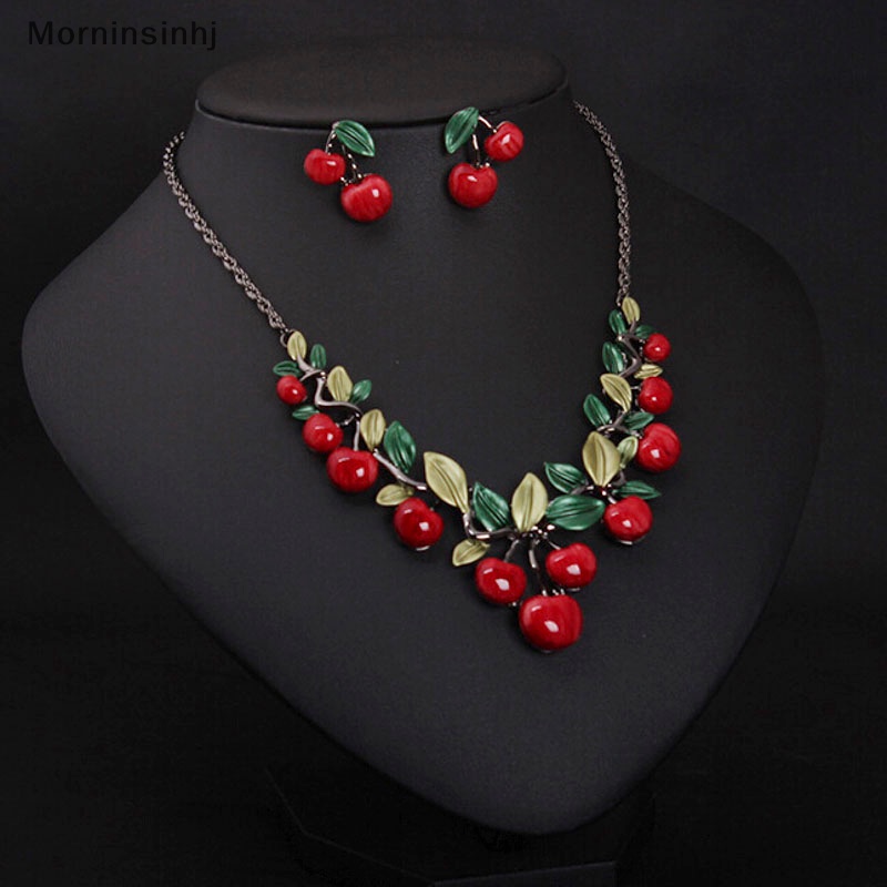 Mornin 1set Kalung Cherry Merah Set Chocker Kalung Anting Weeding Pesta Decor id