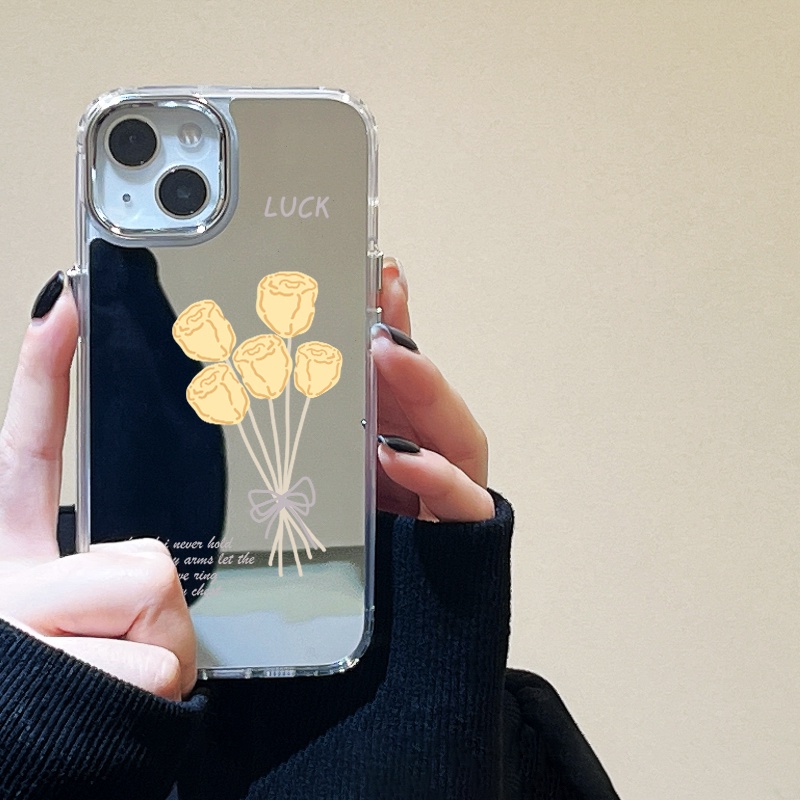 IPHONE Lucky Yellow Rose Mirror Phone Case Kompatibel Untuk Iphone11 12 13 14 12Pro 13Pro 14Pro Pro Max XR X XS Max Electroplating Tombol Perlindungan Mirror Cover