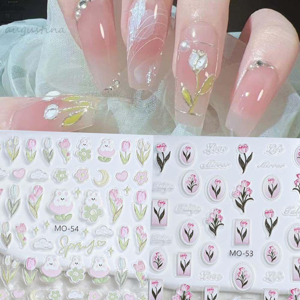 AUGUSTINA Agustina Stiker Kuku Daun Relief Kelinci Bunga Tulip Kartun Stiker Hiasan Kuku Untuk Wanita