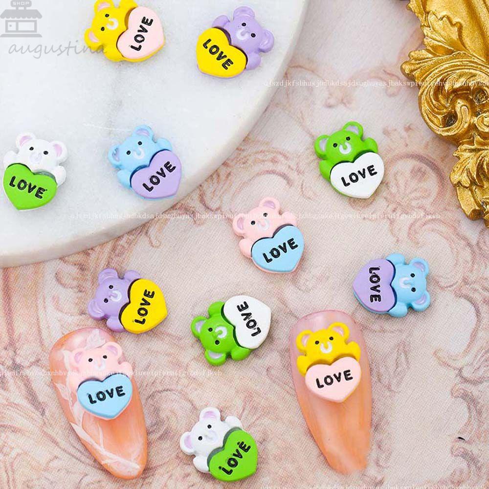 AUGUSTINA Agustin 3D Beruang Kuku Perhiasan Lucu Mengkilap Gaya Jepang Nail Art Decal Lover heart Bear Nail Art Tips Nail Art Aksesoris