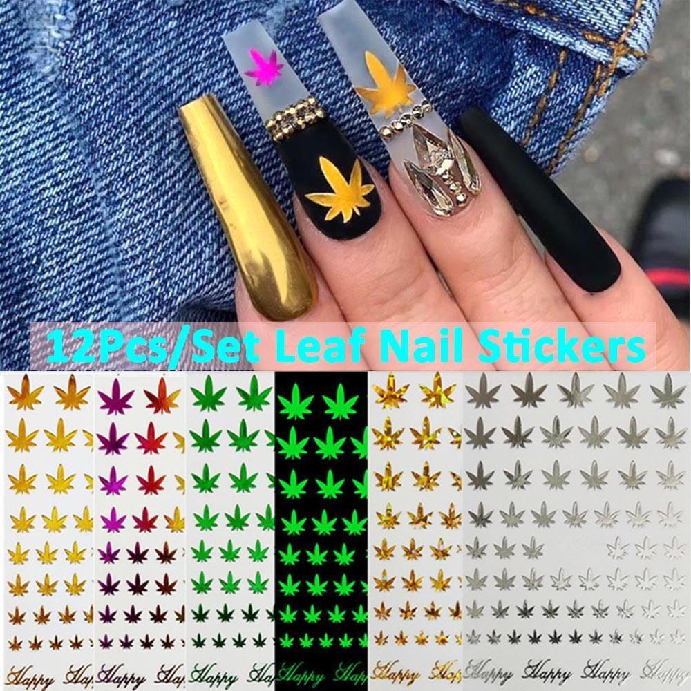 AUGUSTINA Stiker Kuku Agustina 12pcs /Set Kuku Salon Neon Pot Daun Self Adhesive Nail Art Dekorasi