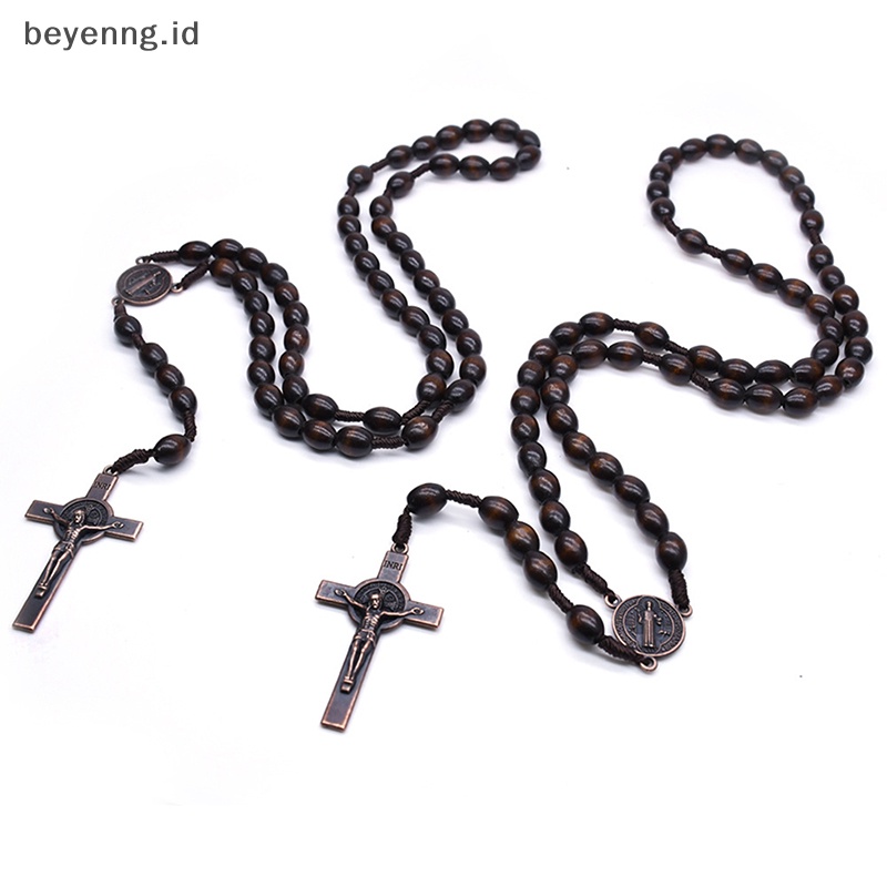 Beyen Vintage Yesus Salib Katolik Kayu Beads Perhiasan Kalung Liontin Doa Religi ID