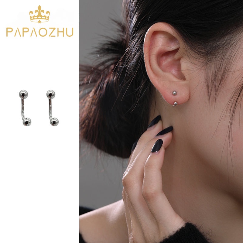 Papaozhu Chic s925 Perak Manik-Manik Kecil Stud Anting Untuk Wanita Perempuan Hypoallergenic Double Ball Hook Earrings Fashion Telinga Perhiasan