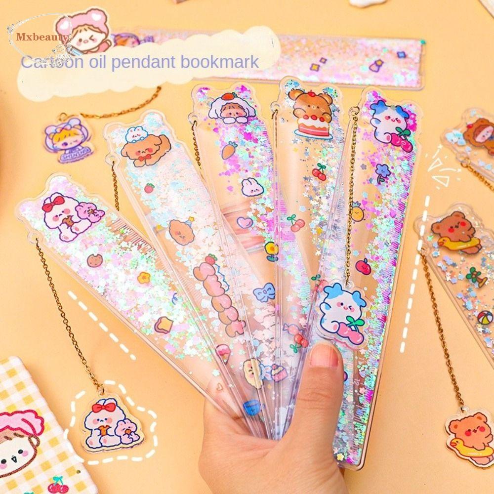 MXBEAUTY Quicksand Bookmark Ruler Kawaii INS Alat Tulis Siswa Kantor Bear Divideding Ruler