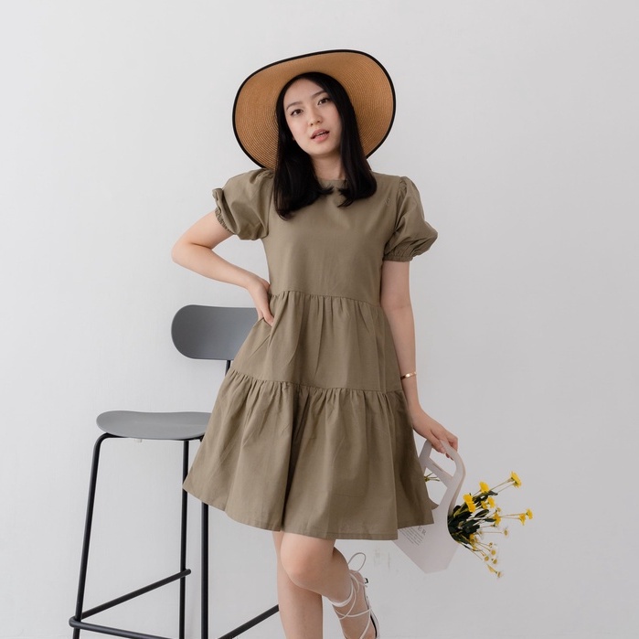 Ms Daisy Eloise Linen Puff-Sleeve Dress Wanita Kasual