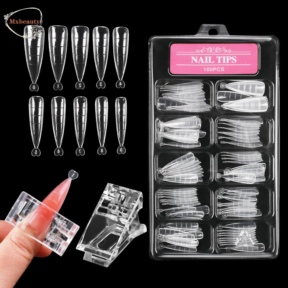MXBEAUTY Kuku Palsu 100Pcs /box Untuk Gel UV Dengan Klip Quick Building Manicure Tools Nail Art Cetakan Tips