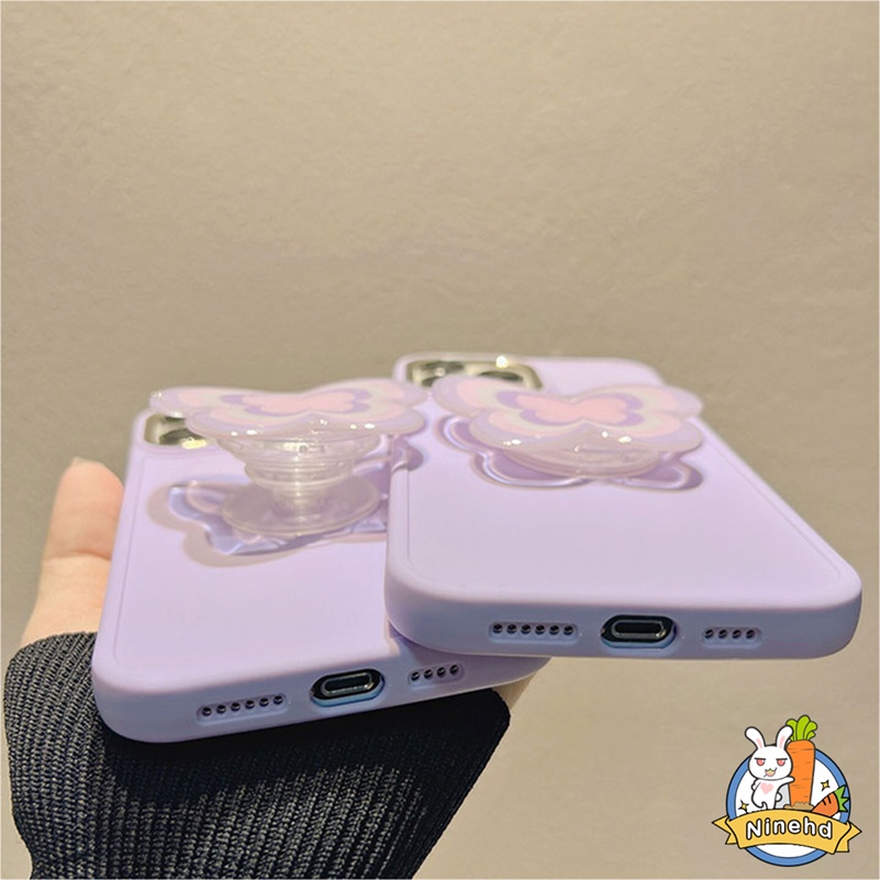 IPHONE Bingkai Plating Canggih Warna Solid Phone Case Purple Butterfly Phone Holder Kompatibel Untuk Iphone14 13 12 11 Pro Max X Xr Xs Max8 7 6 6s Plus SE Tahan Jatuh Cover Pelindung