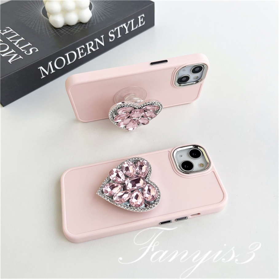 Compatible For iPhone 14 13 12 11 Pro Max X XR Xs Max 8 7 Plus Kompatibel Untuk Pink Kristal Love Phone Case Lembut Cover Pelindung Dengan Bracket