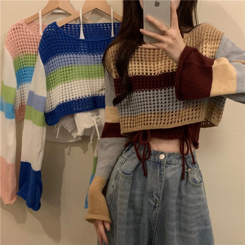 Sweater Wanita Rajut Cutout Lengan Panjang Stripe Outerwear