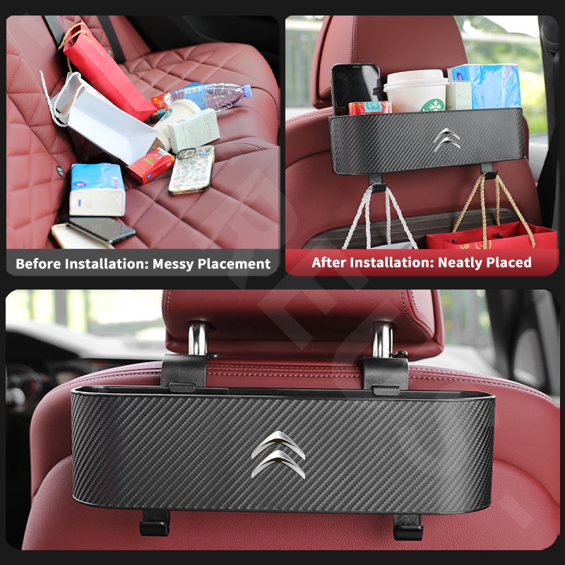 Citroen Car Back Seat Organizer Car Seat Back Hook Kotak Penyimpanan Cup Holder Tekstur Serat Karbon Untuk Citroen c3 c4 c5 Aircross e-c4 DS5 DS7