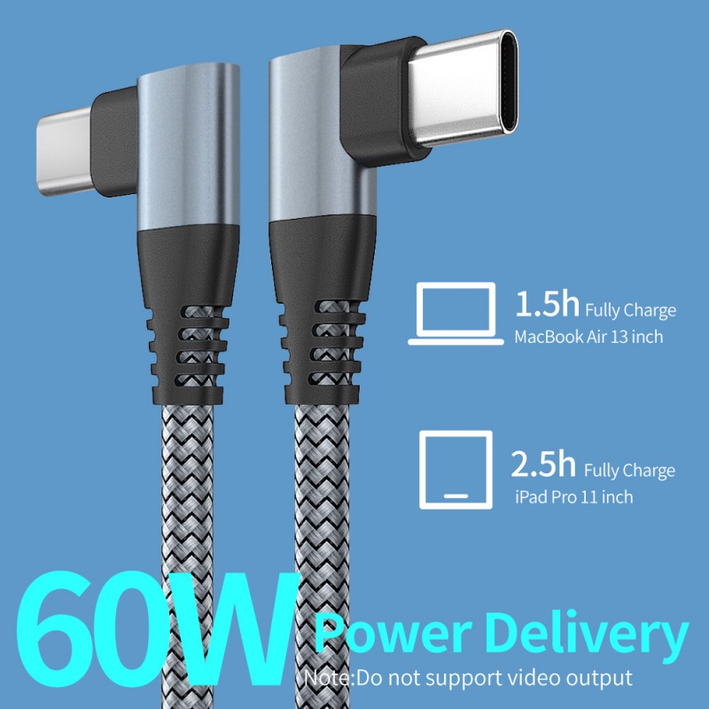 60w Pengisian Cepat Double Elbow Dual90° Kabel Data Putar Tipe-C Kabel PD C To C Male To Male Nylon Braided Charging Cable